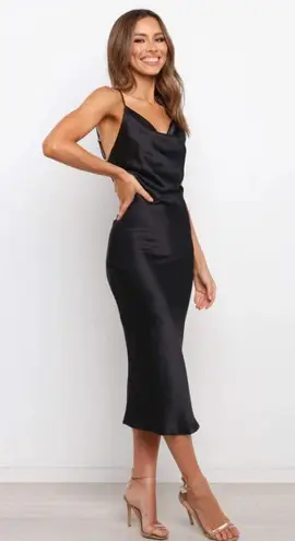 Petal and Pup  Persia Black Satin Midi Cowl Neck Slip Dress 6