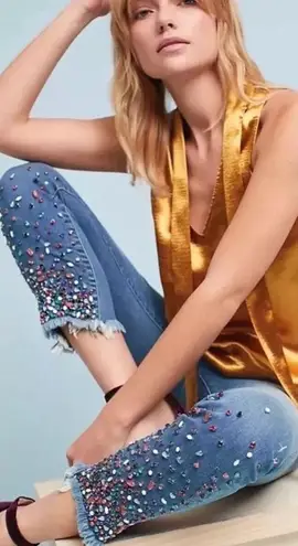 Pilcro and the Letterpress Embellished Pilcro Mid-Rise Slim Straight Jeans | Size 30 | Wearable Art