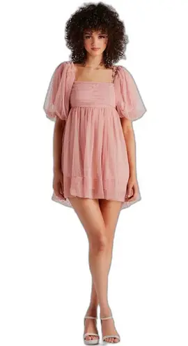 Mable Whimsical Blush Organza Babydoll Muse Chiffon Tulle Swiss Dot Skater Dress Pink Size L