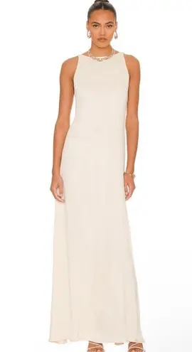 L'Academie  Acton Maxi Dress, Open Back Tie Neck, Ivory Satin Size S, New w/Tag