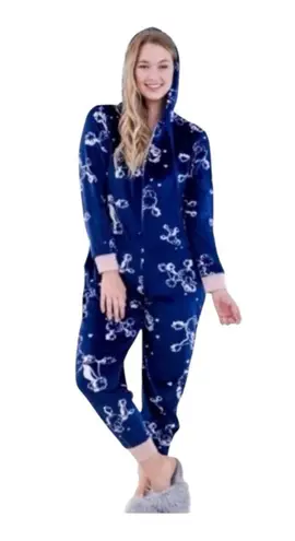 Hale Bob Pajamas NWT White Poodles Navy Pink Trim Wrist Ankles Hoodie Onesie Med