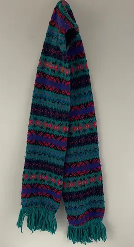 Vintage 80s Green Multicolor Fair Isle Stripe Pattern Fringe Knit Winter Scarf Multiple