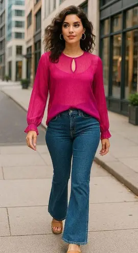 Simply Styled by Sears Sheer XL Fuschia Pink Long Sleeve Blouse Keyhole Neckline