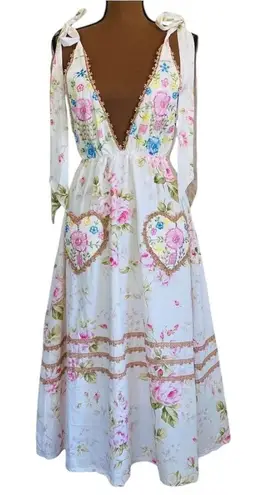 2seeyou White Floral Embroidered Deep V Neck Elastic Waist Maxi Dress Size Small