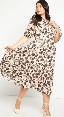 Eloquii Floral Puff Sleeve Midi Dress in Cream Size 16