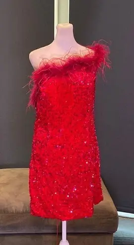 Women’s Pink Short Feather & Sequin One Shoulder Prom Party Dress Size 14 *READ Pink