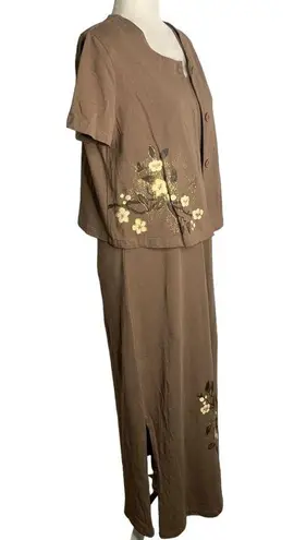 Vintage 90s Hand Painted Maxi Dress Set S Mocha Hawaiian Button Up Top Floral Brown
