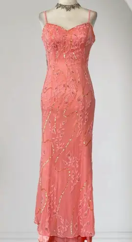 Ethereal Fairy Coquette Floral Beaded Silk Mermaid Long Formal Prom Dress Gown S Pink