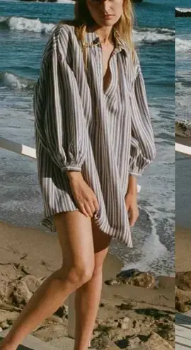 Doen Marne Blue Villandry Striped Khadi Silk Voile Short Mini Dress XS