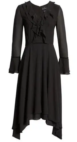 Shani Collection Ruffle Asymmetrical Long Sleeve Midi Dress Hanky Hem Black Med Size 8