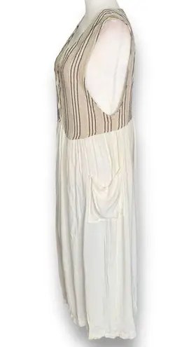 Vintage Rafia Studio Dress Cream Tan Vertical Striped Deep V Neck Draped Maxi Tan Size M