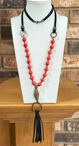 Vintage Red paper beads, bronze accents and leather chain & tassel necklace