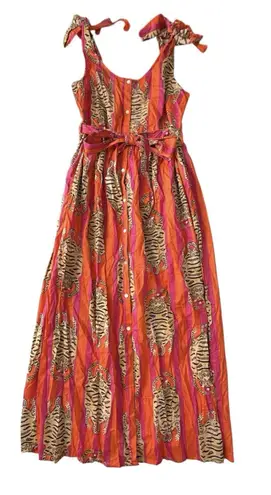 NWT Cella & Flo Midi Dress Womens Medium Pink Orange Indian Tiger Block Print