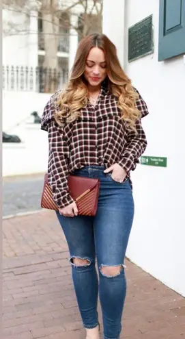 Monki Plaid Frill Ruffle Button-down Top Medium