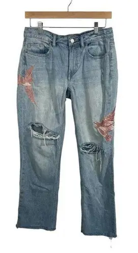 ALLSAINTS Alana Embroidered Bird Distressed Boyfriend Jeans in Blue/Pink Size 26