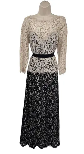 Tadashi Shoji Formal Long Gown Dress Womens 14 Black Cream Lace Belt