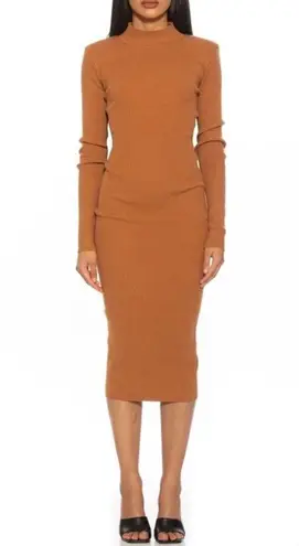 Alexia Admor Womens M Eliah Long Sleeve Knit Midi Dress in Tan NEW