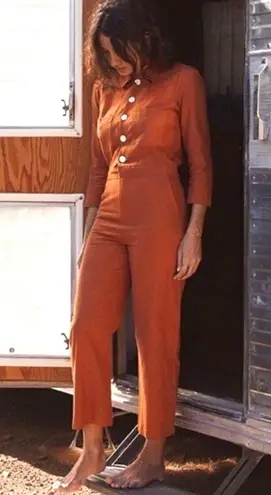 Christy Dawn Linen Painter Jumpsuit Long Sleeve in Rust Size L