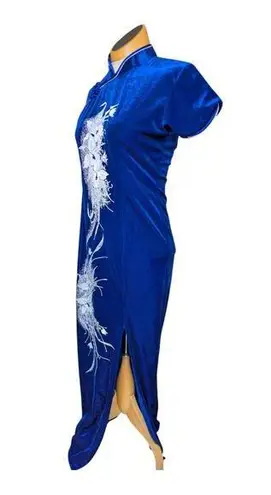 Vtg 1990s Cobalt Blue Velvet Floral Glitter Chinese Cheongsam Qipao Maxi Dress M Size M