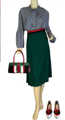 VINTAGE 1980'S GREEN W/RED & BLACK WAIST PLEATED WOOL MIDI SKIRT (16)