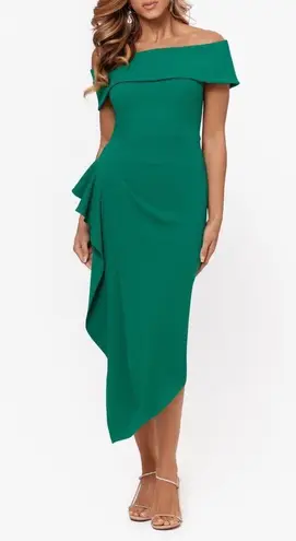 Betsy and Adam Off-the-Shoulder Stretch Crepe Drape Front Sheath Midi Dress