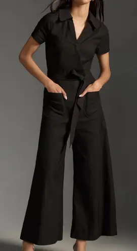 Maeve Anthropologie Black Colette Wrap Jumpsuit Wide Leg Linen Blend $178 Resort