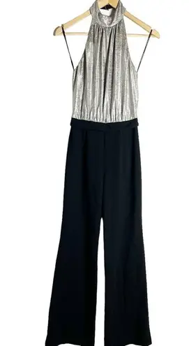 Black Halo Genesis Black Silver Wide Leg Halter Cocktail Jumpsuit Size 2