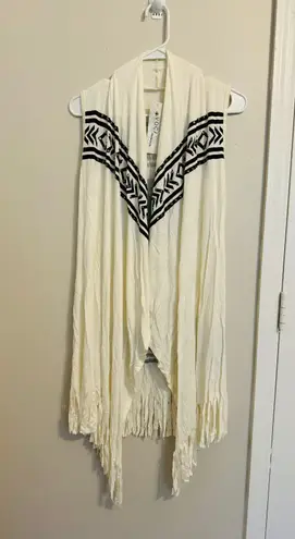 Vocal Cross Rhinestone Fringe Open Front Long Vest White M