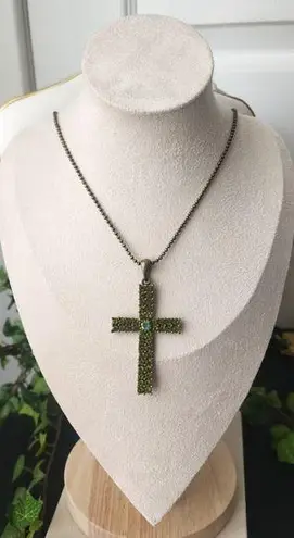 Brass Green Crystal Cross Pendant on 18" Chain
