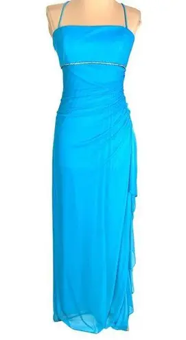 Blondie Nites Ruched Chiffon Blue Glam Slip Gown Rhinestone Accent Side Ruffle Design 5 Prom