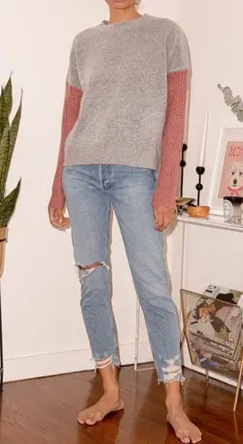 Lulus Oversized Chunky Knit Crewneck Bown Tan Striped Sweater Small Pink