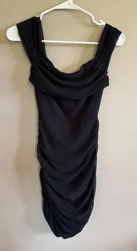 Sparkly Black Ruched Off Shoulder Bodycon Mini Dress Party Club Wear Size XS