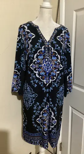 Soft Surroundings Petite Medium Black Blue Floral V Neck Beaded Trim Dress