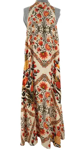 Farm Rio NEW  Halter Maxi Dress Geometric Garden Tan Orange Neutral Floral Size L