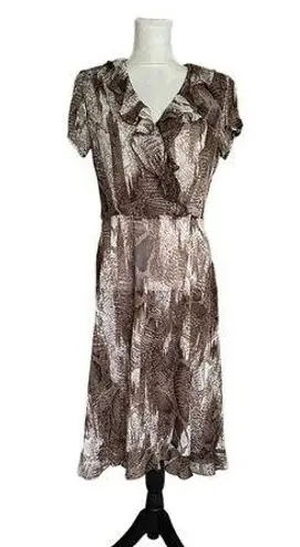 Vintage Y2k 90S Snakeskin Animal Print Ruffles Midi Dress Sheer Shoulder Pads 10 Brown Size undefined