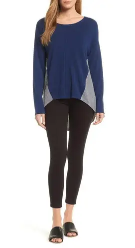a.n.a Womens Navy Gray Two-Toned Crewneck High Low Sweater Cozy Chic Size Medium