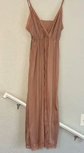 Vintage Avon Slip Dress Maxi Nightie Mauve Lace Sexy Coquette Nylon Open Slit Pink Size L