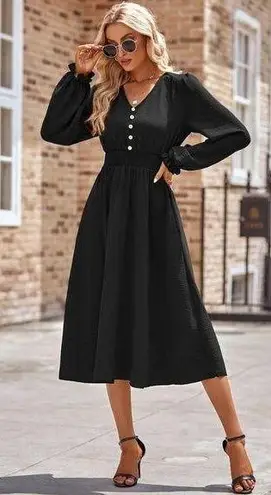 NEW Black Smocked Waist Button Front Long Puff Sleeve Midi Dress Size L