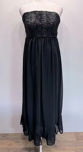 YA Los Angeles Black Strapless Maxi Dress Ruffled Bust Lined Sheer Skirt by S-M