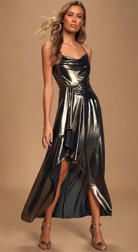 Ever New Goddess Charli High Low Navy And Gold Metallic Formal Gown Sz US 0