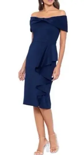 XScape Bow Off-the-Shoulder Scuba Knit Cocktail Dress, Navy Size 10 NEW w/o Tag