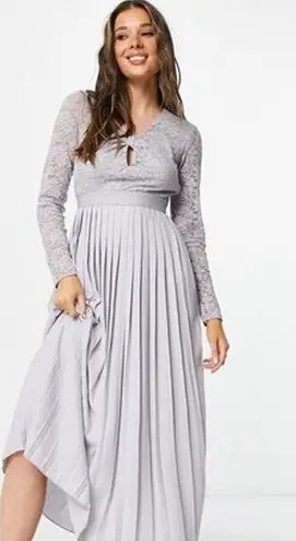 Little Mistress NWT Midi Skater Dress White Lace Pleated Twist Front Long Sleeve