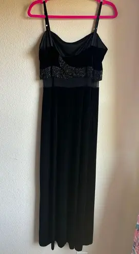 Vintage Patra Black Velvet Beaded Fringe Mesh Paneled Flapper Maxi Dress 10