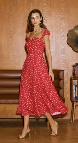 Rihoas Red Floral Sweetheart Neck Cap Sleeve Midi Dress