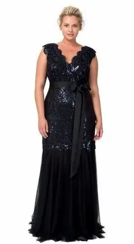 Tadashi Shoji Sequin and Tulle Lace Mermaid Gown Ribbon Tie in Navy 3T1430LX