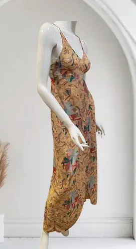 Vintage 1970s Huk A Poo Geometric Maxi Novelty Print Open Slit Dress XS Tan Size M