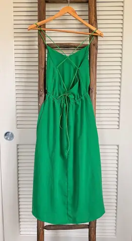 Green Midi Dress Sleeveless Sundress Button Front Tie Back Casual Summer