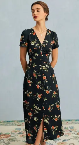 RIHOAS The Black V Neck Floral Short Sleeve Maxi Dress S
