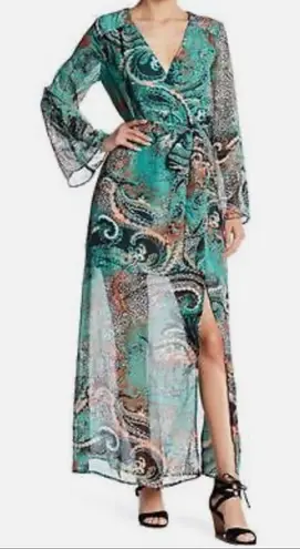 ECI NY Paisley Chiffon High Slit Maxi Dress Teal Aqua 8 Boho 70s Ethereal Chic