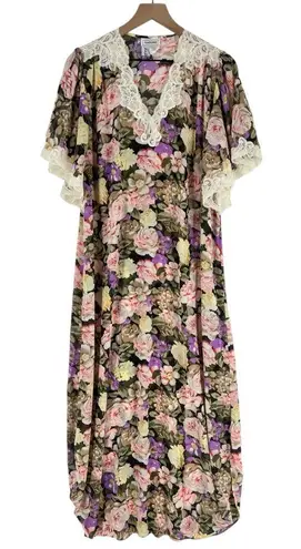 Natori Vintage Floral Semi Sheer Nightgown Dress Lace Detail Long Maxi Kimono S Pink